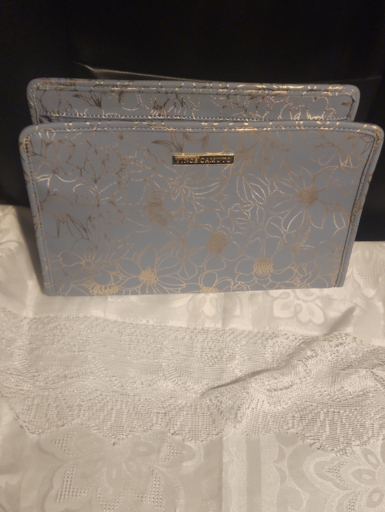 Handbags - Vince Camuto Light Blue Floral Zip Pouch with Rose Gold Accents